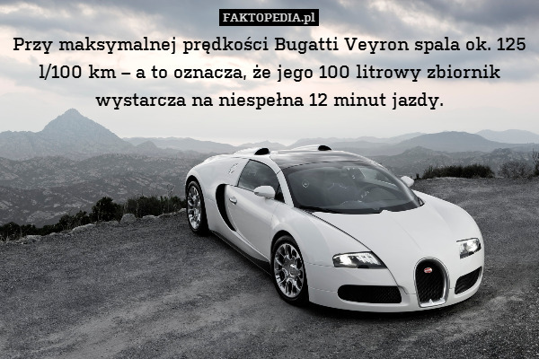 Przy maksymalnej prędkości Bugatti Veyron spala ok. 125 l/100 km – a to oznacza, że jego 100 litrowy zbiornik wystarcza na niespełna 12 minut jazdy. 