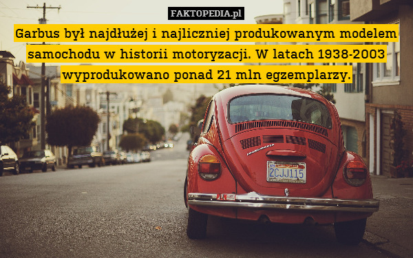 Garbus był najdłużej i najliczniej produkowanym modelem samochodu w historii motoryzacji. W latach 1938-2003 wyprodukowano ponad 21 mln egzemplarzy. 