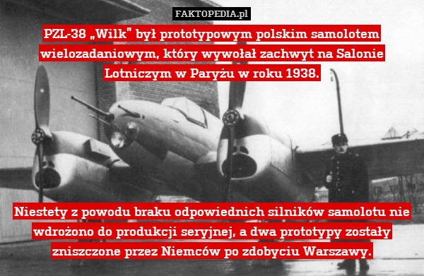 PZL-38 „Wilk” był prototypowym polskim samolotem wielozadaniowym, który wywołał zachwyt na Salonie Lotniczym w Paryżu w roku 1938.






Niestety z powodu braku odpowiednich silników samolotu nie wdrożono do produkcji seryjnej, a dwa prototypy zostały zniszczone przez Niemców po zdobyciu Warszawy. 