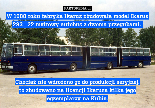 W 1988 roku fabryka Ikarus zbudowała model Ikarus 293 - 22 metrowy autobus z dwoma przegubami. 






Chociaż nie wdrożono go do produkcji seryjnej,
to zbudowano na licencji Ikarusa kilka jego egzemplarzy na Kubie. 