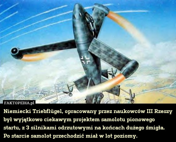 Niemiecki Triebflügel, opracowany przez naukowców III Rzeszy był wyjątkowo ciekawym projektem samolotu pionowego startu, z 3 silnikami odrzutowymi na końcach dużego śmigła. Po starcie samolot przechodzić miał w lot poziomy. 