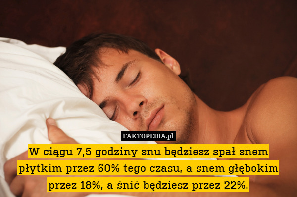 W ciągu 7,5 godziny snu będziesz spał snem płytkim przez 60% tego czasu, a snem głębokim przez 18%, a śnić będziesz przez 22%. 
