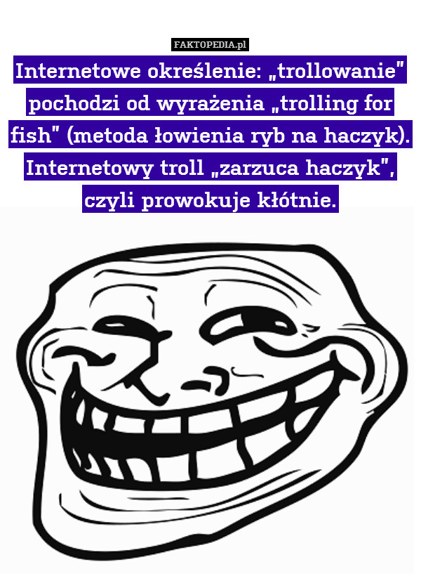 Internetowe określenie: „trollowanie” pochodzi od wyrażenia „trolling for fish” (metoda łowienia ryb na haczyk). Internetowy troll „zarzuca haczyk”, czyli prowokuje kłótnie. 