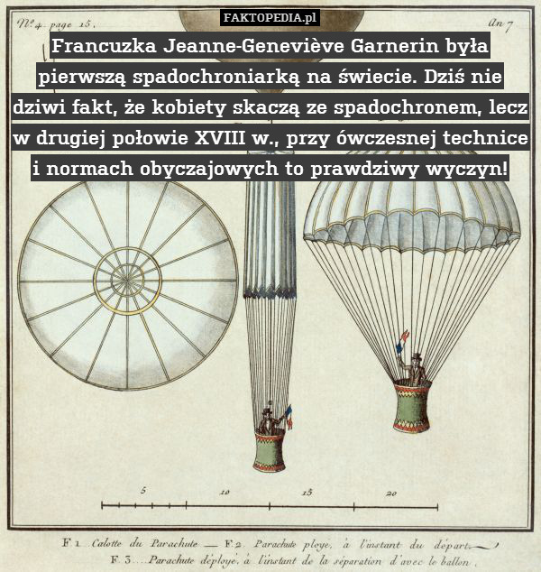 Francuzka Jeanne-Geneviève Garnerin była pierwszą spadochroniarką na świecie. Dziś nie dziwi fakt, że kobiety skaczą ze spadochronem, lecz w drugiej połowie XVIII w., przy ówczesnej technice i normach obyczajowych to prawdziwy wyczyn! 
