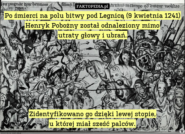 Po śmierci na polu bitwy pod Legnicą (9 kwietnia 1241) Henryk Pobożny został odnaleziony mimo
utraty głowy i ubrań.







Zidentyfikowano go dzięki lewej stopie,
u której miał sześć palców. 