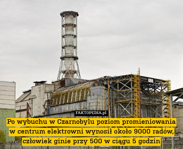 Po wybuchu w Czarnobylu poziom promieniowania w centrum elektrowni wynosił około 9000 radów, człowiek ginie przy 500 w ciągu 5 godzin 