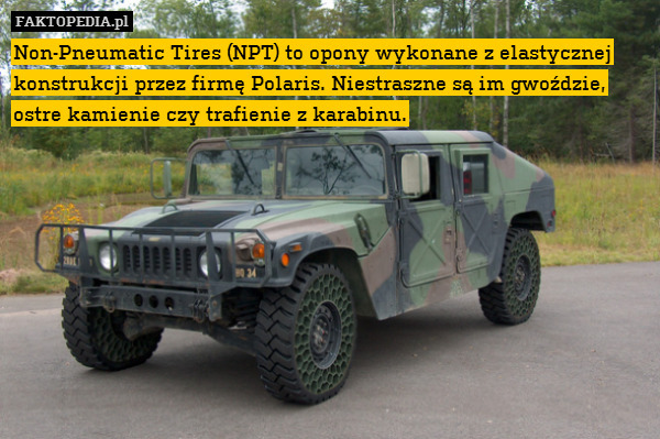 Non-Pneumatic Tires (NPT) to opony wykonane z elastycznej konstrukcji przez firmę Polaris. Niestraszne są im gwoździe, ostre kamienie czy trafienie z karabinu. 