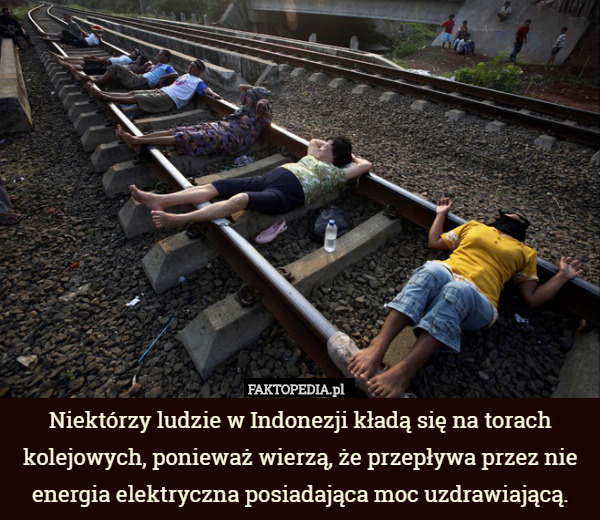 Niektórzy ludzie w Indonezji kładą się na torach kolejowych, ponieważ wierzą, że przepływa przez nie energia elektryczna posiadająca moc uzdrawiającą. 