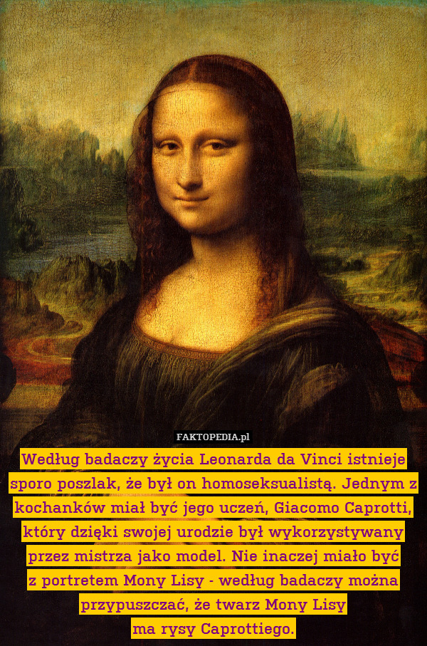 Według badaczy życia Leonarda da Vinci istnieje sporo poszlak, że był on homoseksualistą. Jednym z kochanków miał być jego uczeń, Giacomo Caprotti, który dzięki swojej urodzie był wykorzystywany przez mistrza jako model. Nie inaczej miało być
z portretem Mony Lisy - według badaczy można przypuszczać, że twarz Mony Lisy
ma rysy Caprottiego. 