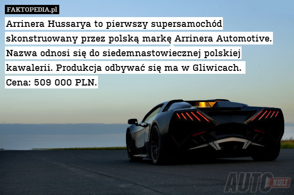 Arrinera Hussarya to pierwszy supersamochód skonstruowany przez polską markę Arrinera Automotive. Nazwa odnosi się do siedemnastowiecznej polskiej kawalerii. Produkcja odbywać się ma w Gliwicach. 
Cena: 509 000 PLN. 