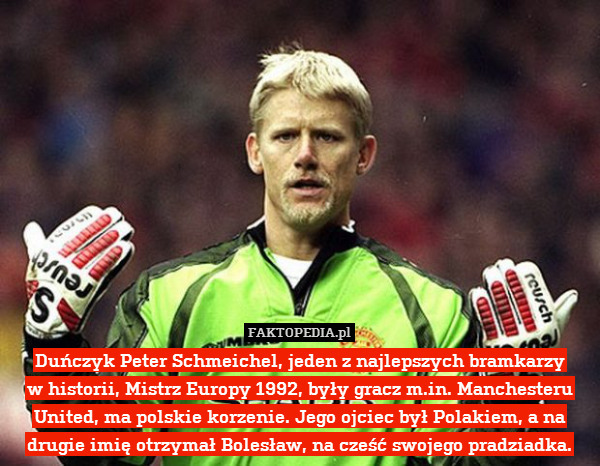 Duńczyk Peter Schmeichel, jeden z najlepszych bramkarzy
w historii, Mistrz Europy 1992, były gracz m.in. Manchesteru United, ma polskie korzenie. Jego ojciec był Polakiem, a na drugie imię otrzymał Bolesław, na cześć swojego pradziadka. 
