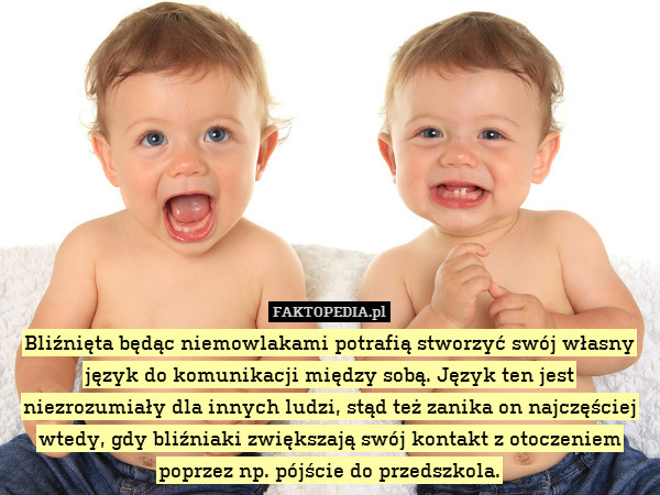 Bliźnięta będąc niemowlakami potrafią stworzyć swój własny język do komunikacji między sobą. Język ten jest niezrozumiały dla innych ludzi, stąd też zanika on najczęściej wtedy, gdy bliźniaki zwiększają swój kontakt z otoczeniem poprzez np. pójście do przedszkola. 