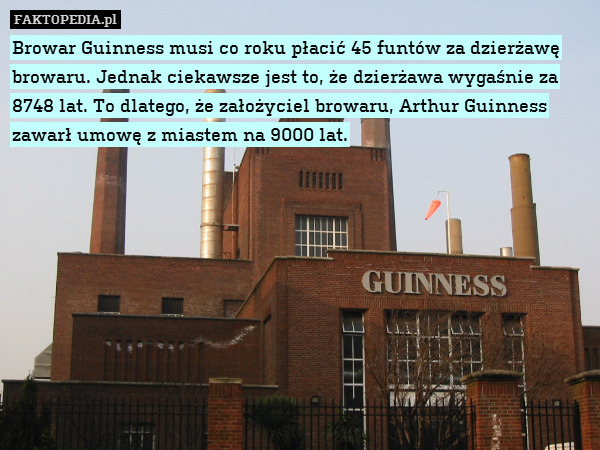 Browar Guinness musi co roku płacić 45 funtów za dzierżawę browaru. Jednak ciekawsze jest to, że dzierżawa wygaśnie za 8748 lat. To dlatego, że założyciel browaru, Arthur Guinness zawarł umowę z miastem na 9000 lat. 