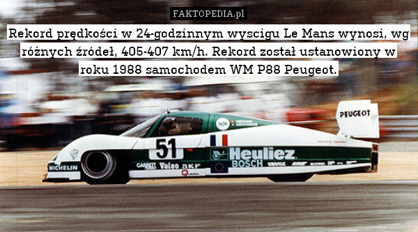 Rekord prędkości w 24-godzinnym wyscigu Le Mans wynosi, wg różnych źródeł, 405-407 km/h. Rekord został ustanowiony w roku 1988 samochodem WM P88 Peugeot. 