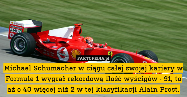 Michael Schumacher w ciągu całej swojej kariery w Formule 1 wygrał rekordową ilość wyścigów - 91, to aż o 40 więcej niż 2 w tej klasyfikacji Alain Prost. 