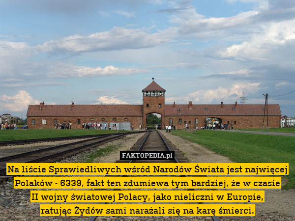Na liście Sprawiedliwych wśród Narodów Świata jest najwięcej Polaków - 6339, fakt ten zdumiewa tym bardziej, że w czasie
II wojny światowej Polacy, jako nieliczni w Europie,
ratując Żydów sami narażali się na karę śmierci. 