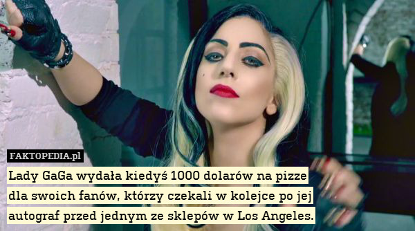 Lady GaGa wydała kiedyś 1000 dolarów na pizze
dla swoich fanów, którzy czekali w kolejce po jej
autograf przed jednym ze sklepów w Los Angeles. 