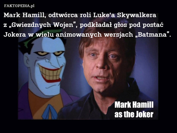 Mark Hamill, odtwórca roli Luke&apos;a Skywalkera
z „Gwiezdnych Wojen”, podkładał głos pod postać
Jokera w wielu animowanych wersjach „Batmana”. 