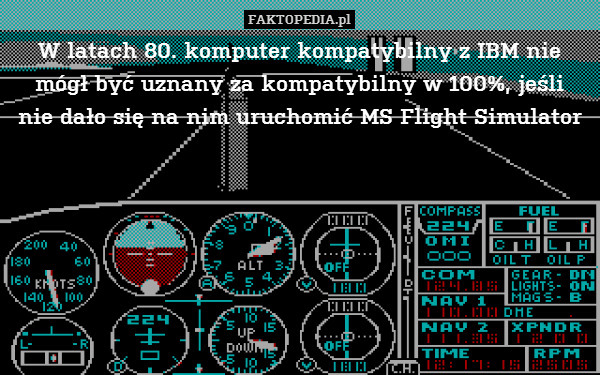 W latach 80. komputer kompatybilny z IBM nie mógł być uznany za kompatybilny w 100%, jeśli
nie dało się na nim uruchomić MS Flight Simulator 