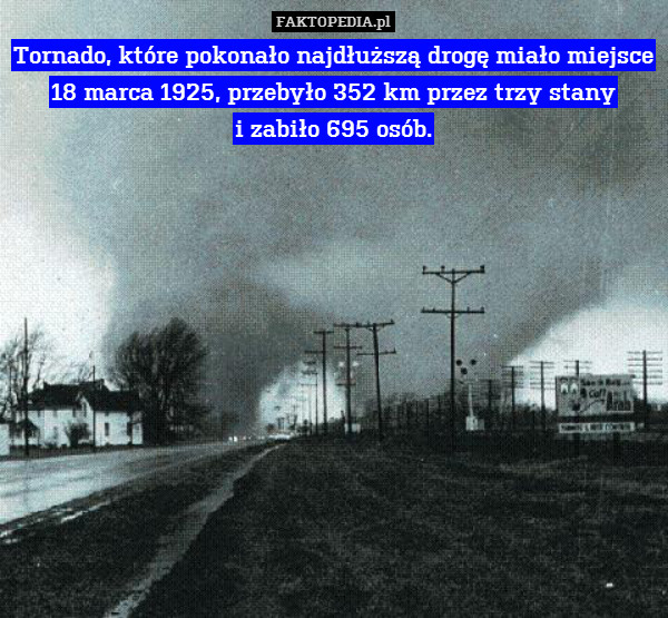 Tornado, które pokonało najdłuższą drogę miało miejsce 18 marca 1925, przebyło 352 km przez trzy stany
i zabiło 695 osób. 