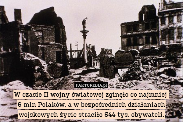 W czasie II wojny światowej zginęło co najmniej 
6 mln Polaków, a w bezpośrednich działaniach wojskowych życie straciło 644 tys. obywateli. 