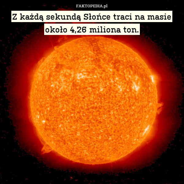 Z każdą sekundą Słońce traci na masie
około 4,26 miliona ton. 