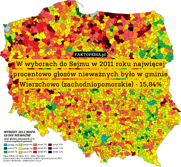 W wyborach do Sejmu w 2011 roku najwięcej procentowo głosów nieważnych było w gminie Wierzchowo (zachodniopomorskie) - 15,84% 