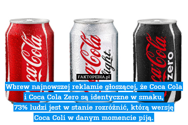 Wbrew najnowszej reklamie głoszącej, że Coca Cola i Coca Cola Zero są identyczne w smaku,
73% ludzi jest w stanie rozróżnić, którą wersję
Coca Coli w danym momencie piją. 