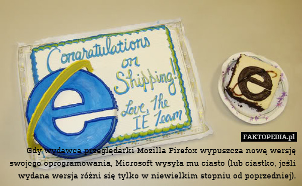 Gdy wydawca przeglądarki Mozilla Firefox wypuszcza nową wersję swojego oprogramowania, Microsoft wysyła mu ciasto (lub ciastko, jeśli wydana wersja różni się tylko w niewielkim stopniu od poprzedniej). 