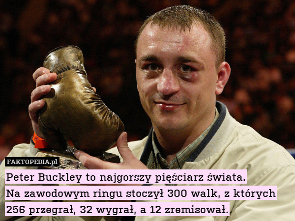 Peter Buckley to najgorszy pięściarz świata.
Na zawodowym ringu stoczył 300 walk, z których 256 przegrał, 32 wygrał, a 12 zremisował. 