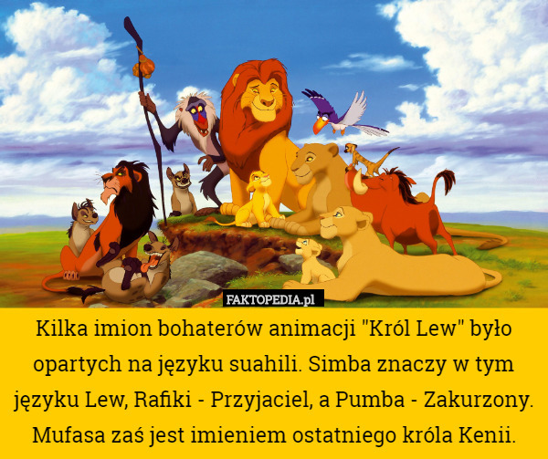 Kilka imion bohaterów animacji "Król Lew" było opartych na języku suahili. Simba znaczy w tym języku Lew, Rafiki - Przyjaciel, a Pumba - Zakurzony. Mufasa zaś jest imieniem ostatniego króla Kenii. 