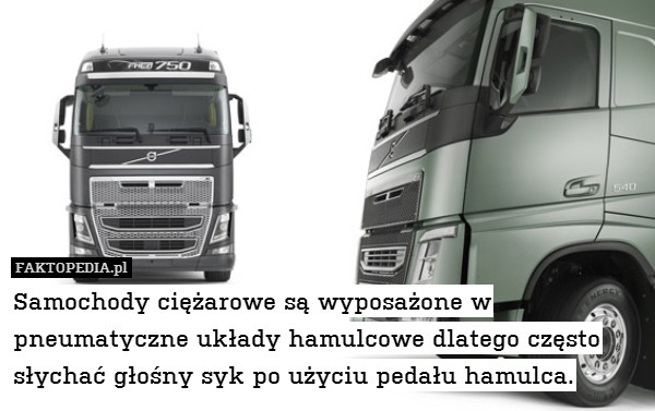 Samochody ciężarowe są wyposażone w pneumatyczne układy hamulcowe dlatego często słychać głośny syk po użyciu pedału hamulca. 