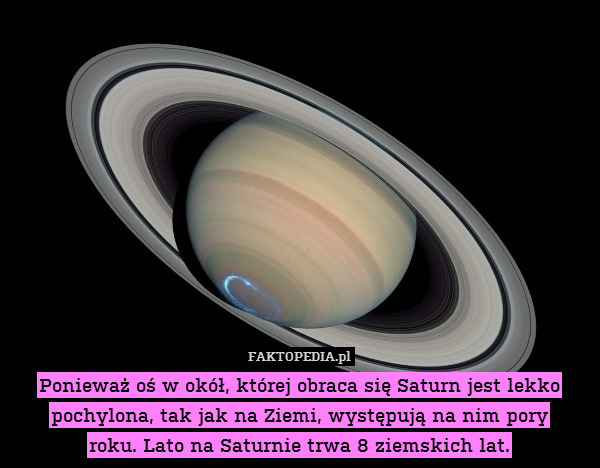 Ponieważ oś w okół, której obraca się Saturn jest lekko pochylona, tak jak na Ziemi, występują na nim pory
roku. Lato na Saturnie trwa 8 ziemskich lat. 