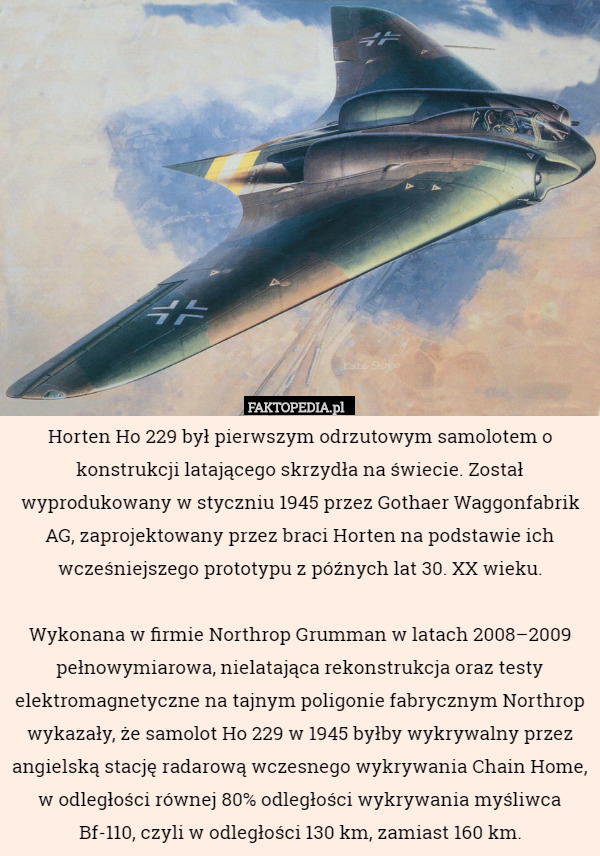 Horten Ho 229 był pierwszym odrzutowym samolotem o konstrukcji latającego skrzydła na świecie. Został wyprodukowany w styczniu 1945 przez Gothaer Waggonfabrik AG, zaprojektowany przez braci Horten na podstawie ich wcześniejszego prototypu z późnych lat 30. XX wieku.

 Wykonana w firmie Northrop Grumman w latach 2008–2009 pełnowymiarowa, nielatająca rekonstrukcja oraz testy elektromagnetyczne na tajnym poligonie fabrycznym Northrop wykazały, że samolot Ho 229 w 1945 byłby wykrywalny przez angielską stację radarową wczesnego wykrywania Chain Home, w odległości równej 80% odległości wykrywania myśliwca Bf-110, czyli w odległości 130 km, zamiast 160 km. 