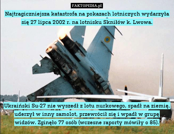 Najtragiczniejsza katastrofa na pokazach lotniczych wydarzyła się 27 lipca 2002 r. na lotnisku Skniłów k. Lwowa.









Ukraiński Su-27 nie wyszedł z lotu nurkowego, spadł na ziemię, uderzył w inny samolot, przewrócił się i wpadł w grupę widzów. Zginęło 77 osób (wczesne raporty mówiły o 85). 