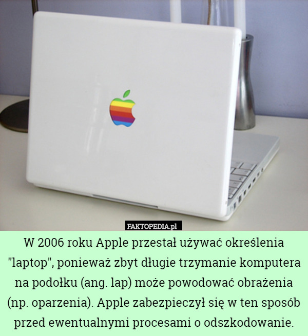 W 2006 roku Apple przestał używać określenia "laptop", ponieważ zbyt długie trzymanie komputera na podołku (ang. lap) może powodować obrażenia (np. oparzenia). Apple zabezpieczył się w ten sposób przed ewentualnymi procesami o odszkodowanie. 