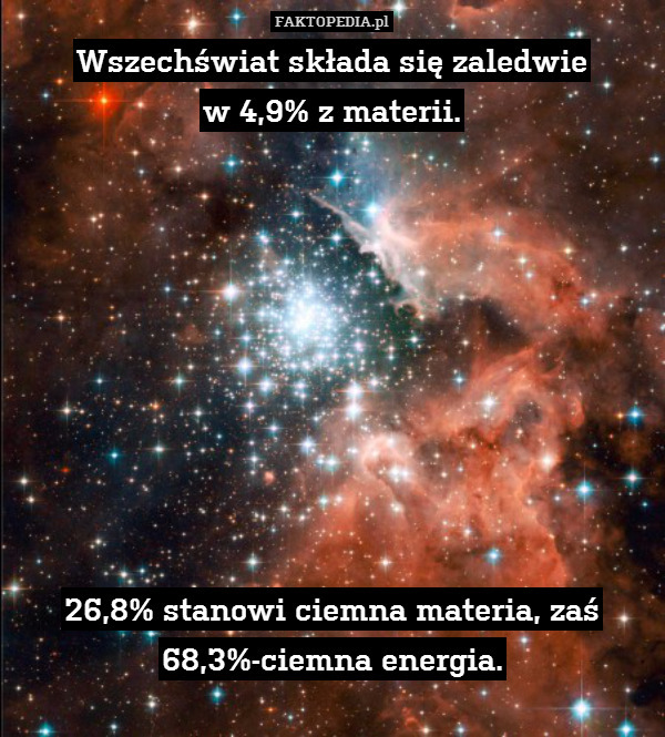 Wszechświat składa się zaledwie
w 4,9% z materii.









26,8% stanowi ciemna materia, zaś 68,3%-ciemna energia. 