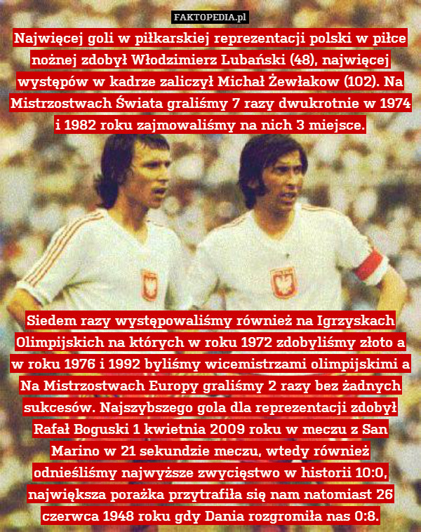 Najwięcej goli w piłkarskiej reprezentacji polski w piłce nożnej zdobył Włodzimierz Lubański (48), najwięcej występów w kadrze zaliczył Michał Żewłakow (102). Na Mistrzostwach Świata graliśmy 7 razy dwukrotnie w 1974 i 1982 roku zajmowaliśmy na nich 3 miejsce.








Siedem razy występowaliśmy również na Igrzyskach Olimpijskich na których w roku 1972 zdobyliśmy złoto a w roku 1976 i 1992 byliśmy wicemistrzami olimpijskimi a Na Mistrzostwach Europy graliśmy 2 razy bez żadnych sukcesów. Najszybszego gola dla reprezentacji zdobył Rafał Boguski 1 kwietnia 2009 roku w meczu z San Marino w 21 sekundzie meczu, wtedy również odnieśliśmy najwyższe zwycięstwo w historii 10:0, największa porażka przytrafiła się nam natomiast 26 czerwca 1948 roku gdy Dania rozgromiła nas 0:8. 
