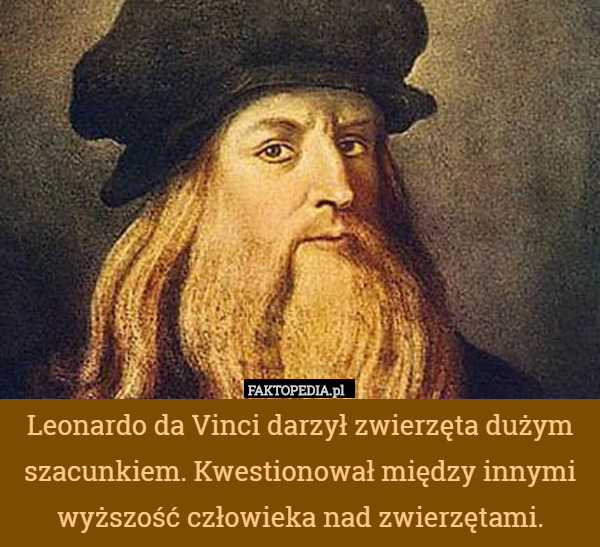 Leonardo da Vinci darzył zwierzęta dużym szacunkiem. Kwestionował między innymi wyższość człowieka nad zwierzętami. 