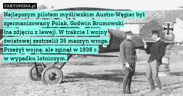 Najlepszym pilotem myśliwskim Austro-Węgier był
zgermanizowany Polak, Godwin Brumowski
(na zdjęciu z lewej). W trakcie I wojny
światowej zestrzelił 35 maszyn wroga.
Przeżył wojnę, ale zginął w 1936 r.
w wypadku lotniczym. 