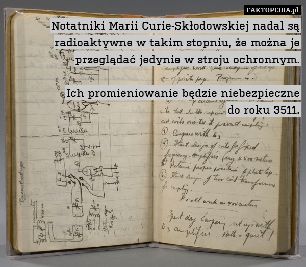 Notatniki Marii Curie-Skłodowskiej nadal są radioaktywne w takim stopniu, że można je przeglądać jedynie w stroju ochronnym.

Ich promieniowanie będzie niebezpieczne
do roku 3511. 