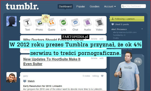 W 2012 roku prezes Tumblra przyznał, że ok 4% serwisu to treści pornograficzne. 