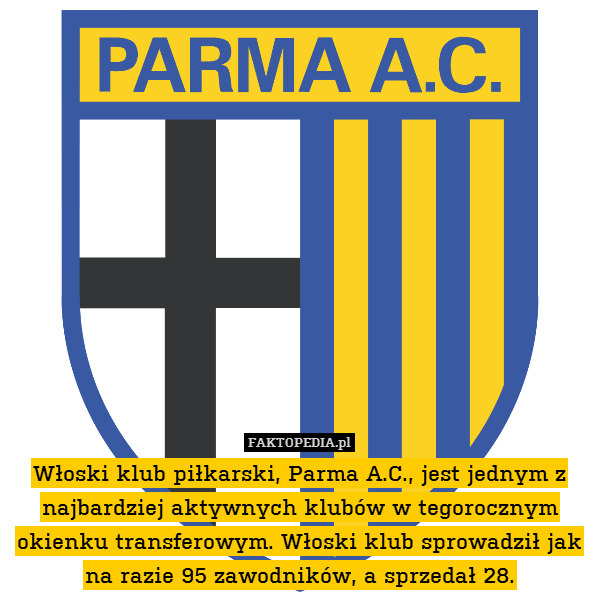 Włoski klub piłkarski, Parma A.C., jest jednym z najbardziej aktywnych klubów w tegorocznym okienku transferowym. Włoski klub sprowadził jak na razie 95 zawodników, a sprzedał 28. 