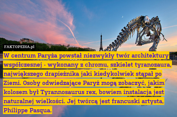 W centrum Paryża powstał niezwykły twór architektury współczesnej - wykonany z chromu, szkielet tyranozaura, największego drapieżnika jaki kiedykolwiek stąpał po Ziemi. Osoby odwiedzające Paryż mogą zobaczyć, jakim kolosem był Tyrannosaurus rex, bowiem instalacja jest naturalnej wielkości. Jej twórcą jest francuski artysta, Philippe Pasqua. 