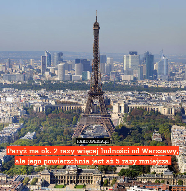 Paryż ma ok. 2 razy więcej ludności od Warszawy,
ale jego powierzchnia jest aż 5 razy mniejsza. 