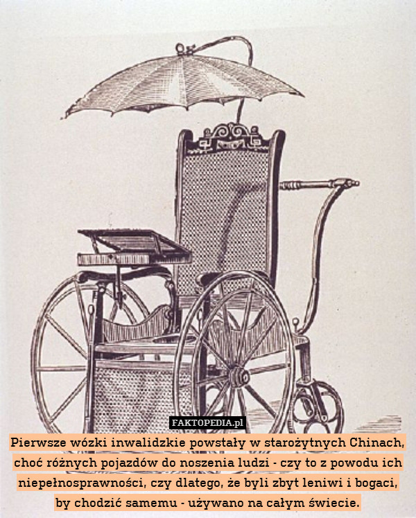Pierwsze wózki inwalidzkie powstały w starożytnych Chinach, choć różnych pojazdów do noszenia ludzi - czy to z powodu ich niepełnosprawności, czy dlatego, że byli zbyt leniwi i bogaci,
by chodzić samemu - używano na całym świecie. 