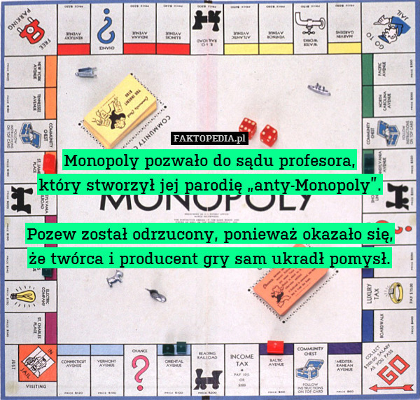 Monopoly pozwało do sądu profesora,
który stworzył jej parodię „anty-Monopoly”.

Pozew został odrzucony, ponieważ okazało się,
że twórca i producent gry sam ukradł pomysł. 
