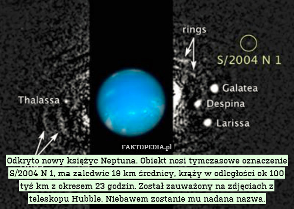 Odkryto nowy księżyc Neptuna. Obiekt nosi tymczasowe oznaczenie S/2004 N 1, ma zaledwie 19 km średnicy, krąży w odległości ok 100 tyś km z okresem 23 godzin. Został zauważony na zdjęciach z teleskopu Hubble. Niebawem zostanie mu nadana nazwa. 