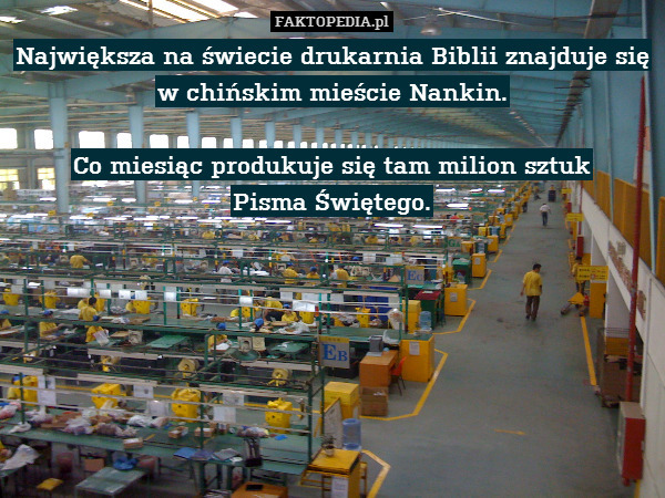 Największa na świecie drukarnia Biblii znajduje się w chińskim mieście Nankin.

Co miesiąc produkuje się tam milion sztuk
Pisma Świętego. 