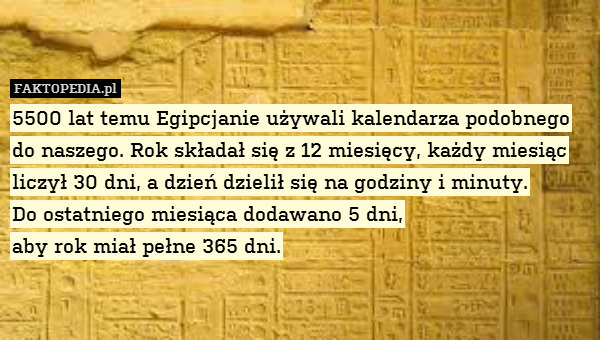 5500 lat temu Egipcjanie używali kalendarza podobnego do naszego. Rok składał się z 12 miesięcy, każdy miesiąc liczył 30 dni, a dzień dzielił się na godziny i minuty.
Do ostatniego miesiąca dodawano 5 dni,
aby rok miał pełne 365 dni. 